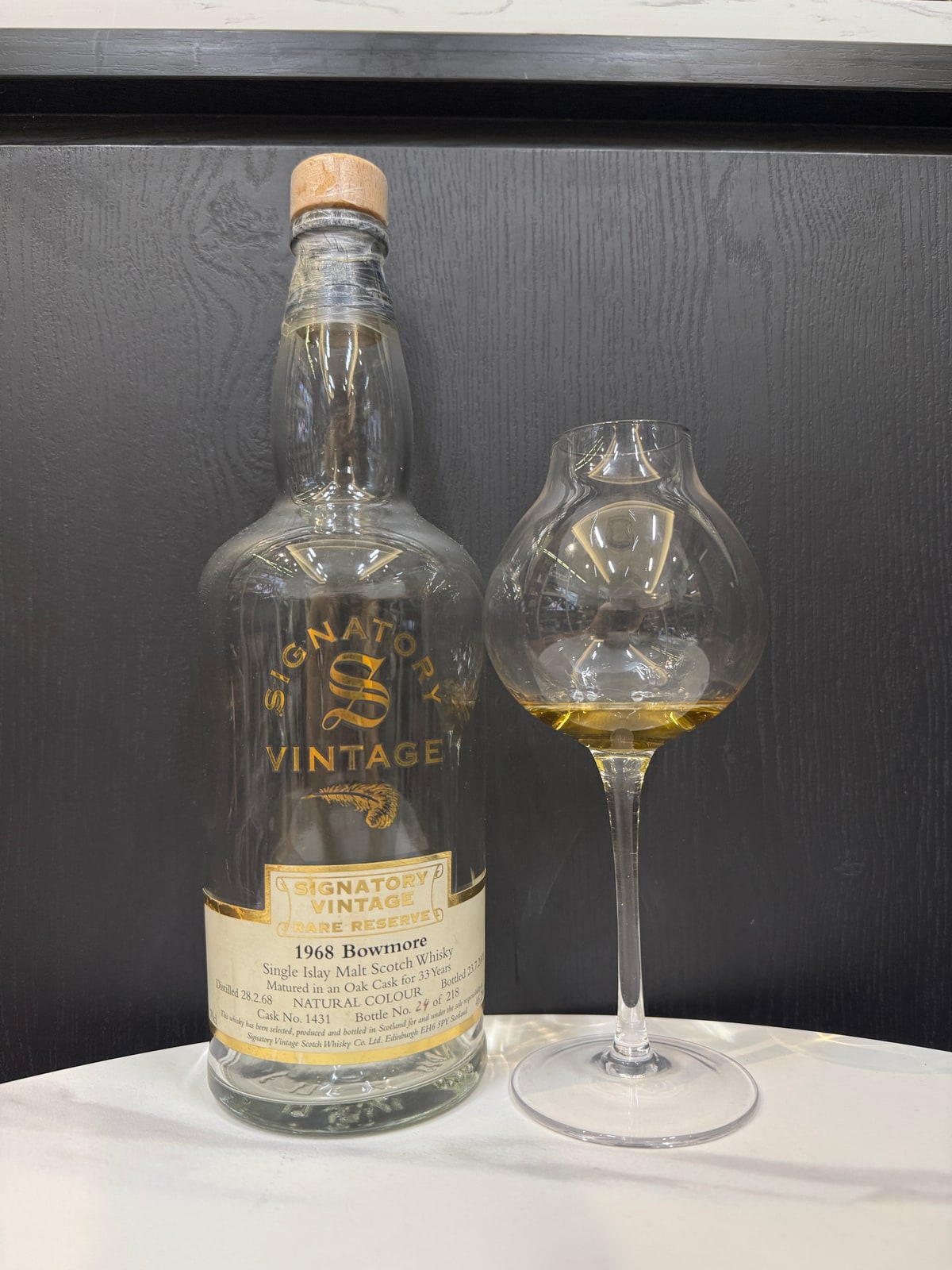 Illustrative image · Illustrative client photo: Signatory Bowmore 1968/2001, 33y, cask 1431; strength unreadable.