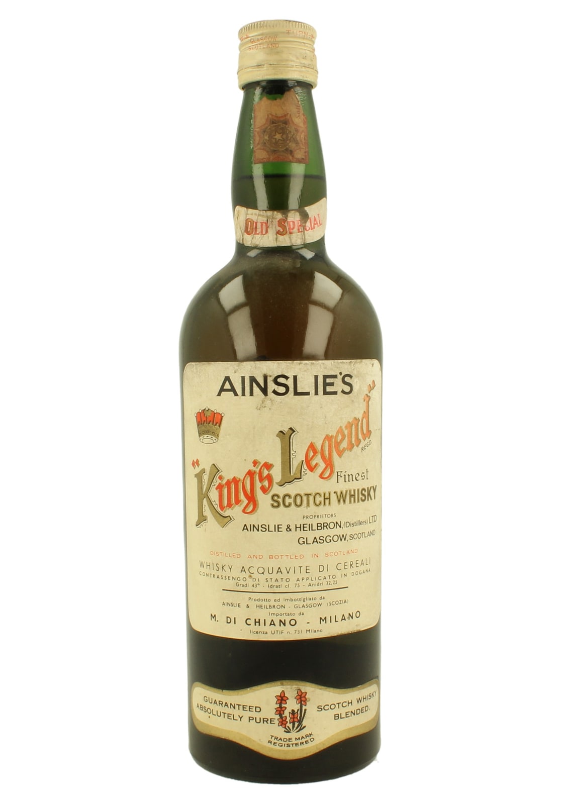 Catalogue reference photograph from Whisky Antique: Ainslie’s King’s Legend, with Italian M. Di Chiano - Milano label showing 43 degrees and 75 cl. The retailer dates this example to the 1960s; the image does not print a bottling year.