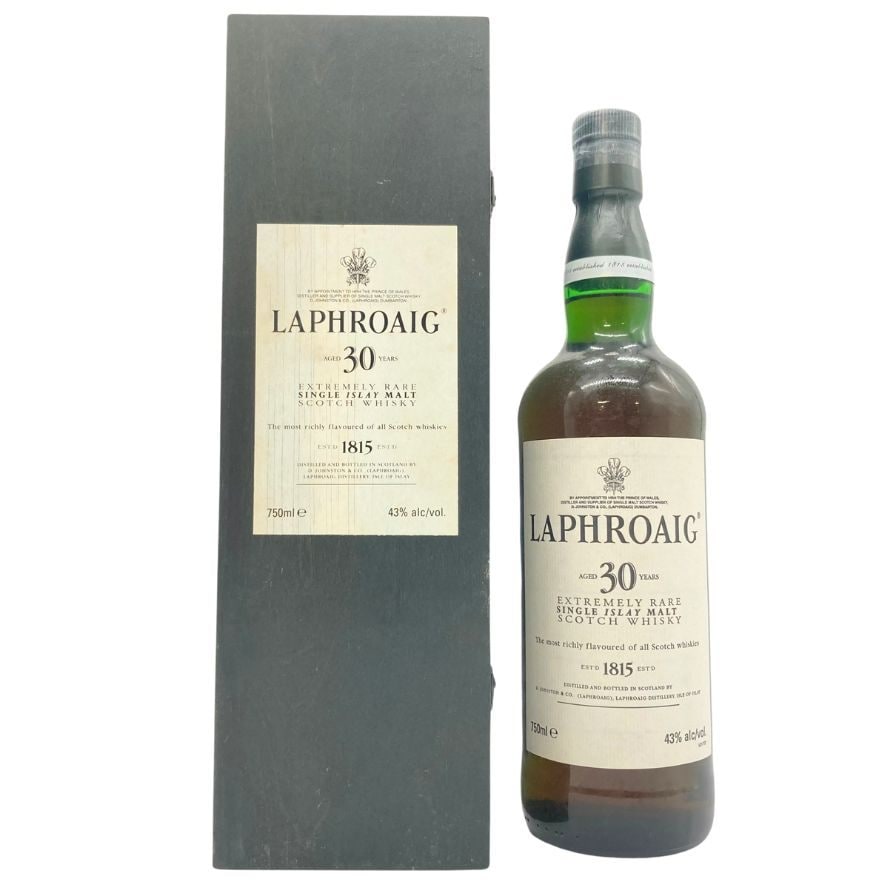 Illustrative image · Illustrative: Laphroaig 30 Extremely Rare, 43%, bottle and box; bottled year unverified. SAKEYASU.