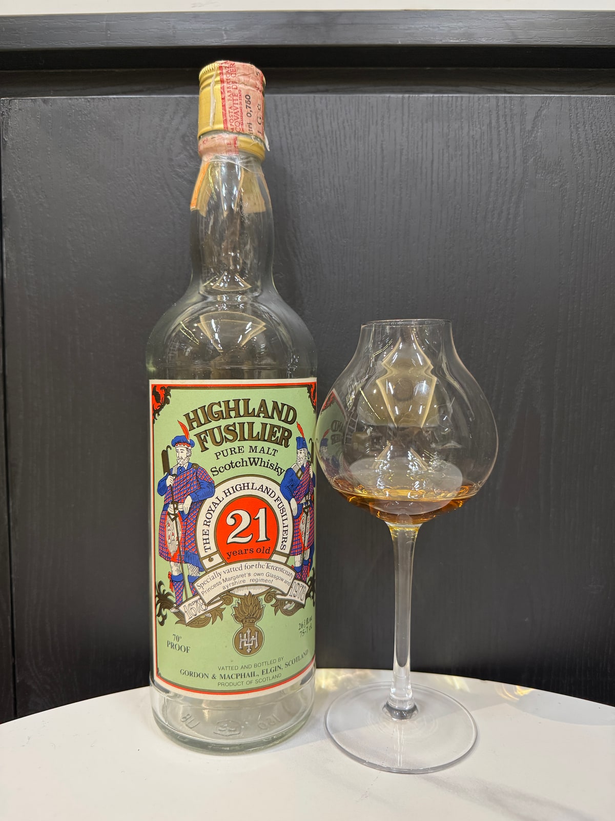 Client-supplied bottle photo of Gordon & Macphail Highland Fusilier 21 bottled 1978 70 proof