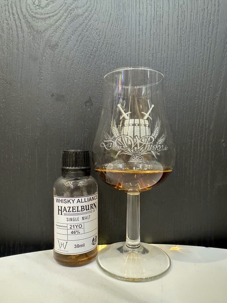 Client photo: Hazelburn 21 years tasting sample; tasting sample and glass.