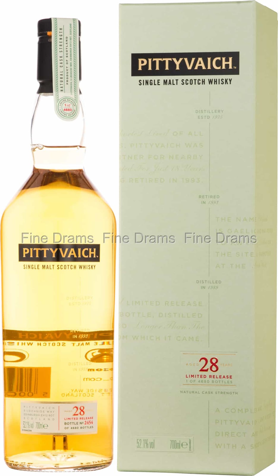 FineDrams photograph of Pittyvaich 28, 1989, 52.1%, bottle and box. The 2018 release is source-linked, not a visible bottling date. Full publisher frame and watermark retained.