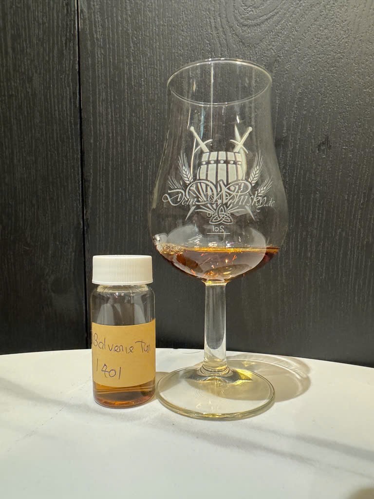 Client photo: Balvenie Tun 1401; tasting sample and glass.