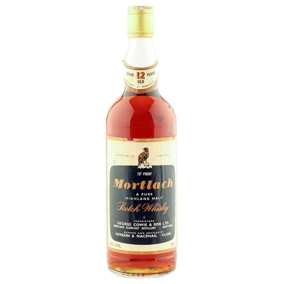 The Whisky Vault photograph: Gordon & MacPhail Mortlach 12, 70 proof. The retailer identifies it as a bottling from the 1980s; the era is not printed on the visible label. Full publisher frame.