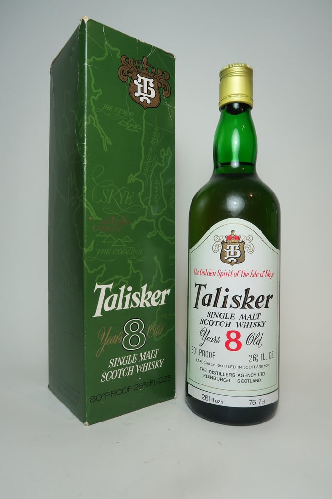 Internet reference: Talisker 8, Distillers Agency, bottle and box; Old Spirits Company. Label reads 80 proof; era is retailer-dated, not printed. Raw review gives no era or strength.
