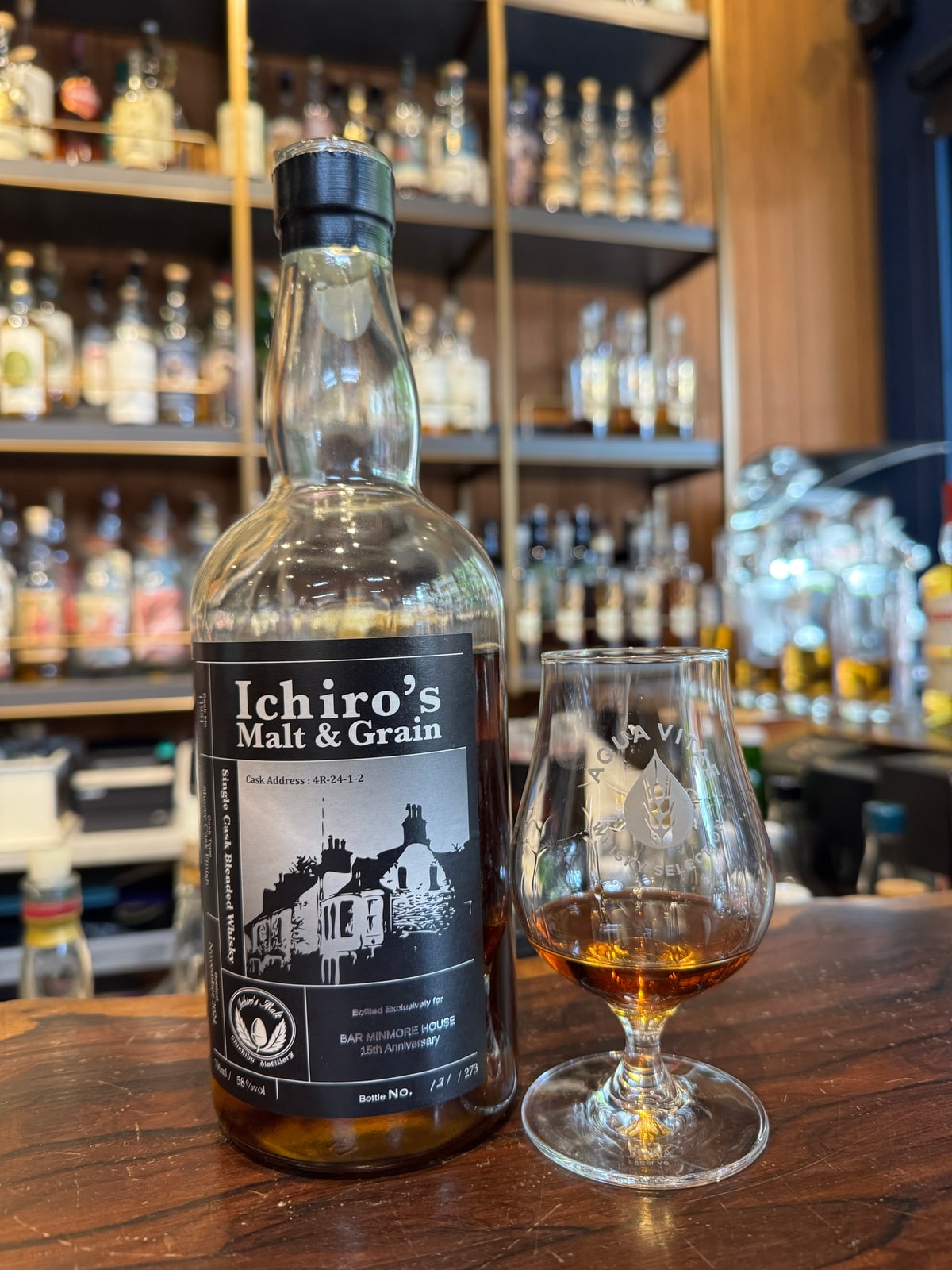 Ảnh minh họa · Ảnh minh họa chai: Ichiro Malt & Grain thùng đơn, kỷ niệm 15 năm Bar Minmore House. Đại diện cho dòng sản phẩm trong bài đánh giá; ảnh chưa xác minh đúng phiên bản được đánh giá.