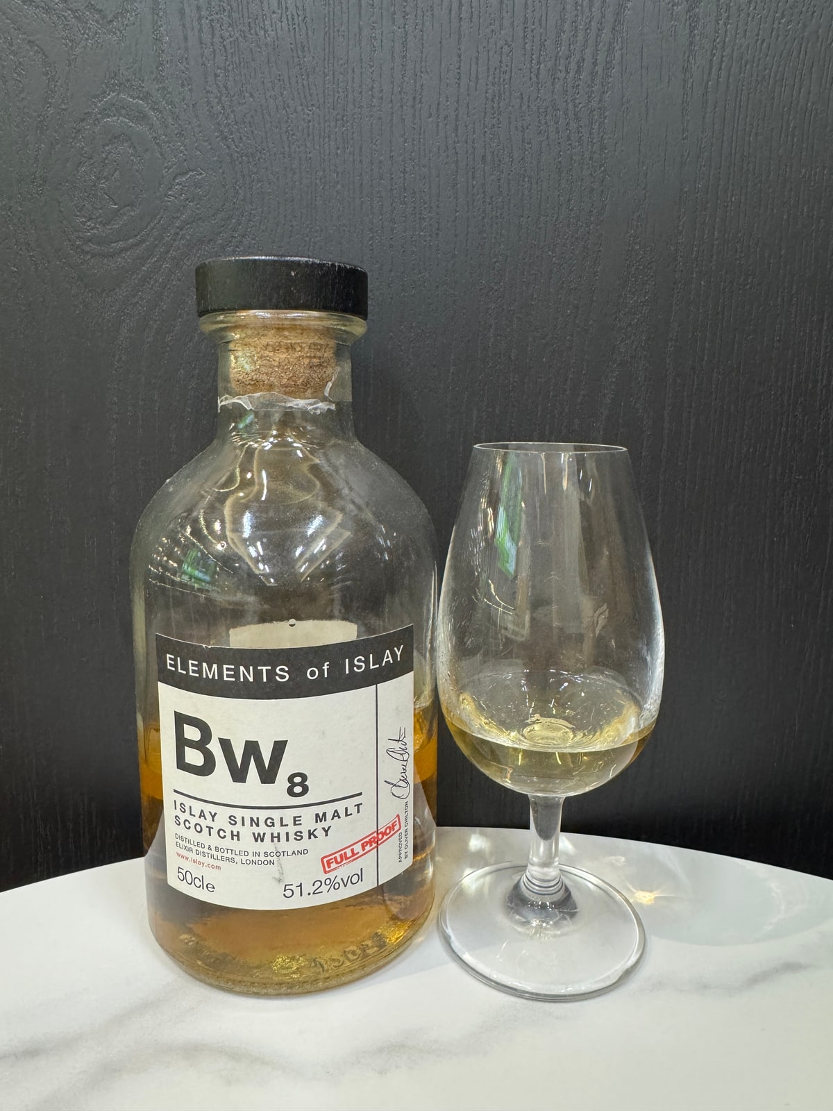 Client-supplied Elements of Islay Bw8 bottle photo beside a tasting glass