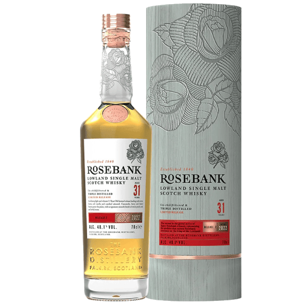 Internet reference image of Rosebank 31, Release Two, bottled 2022, 48.1%; bottle and case. Source: Wine0222.