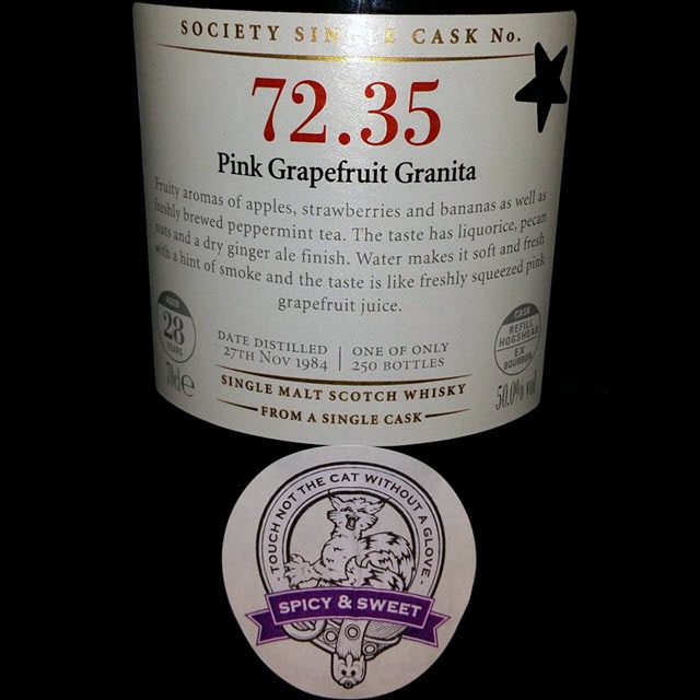Illustrative image · Illustrative label detail: SMWS 72.35, Pink Grapefruit Granita, 28 years, vintage 1984, 50%; bottling in 2013 is unverified in the frame. Source: Whisky Saga.