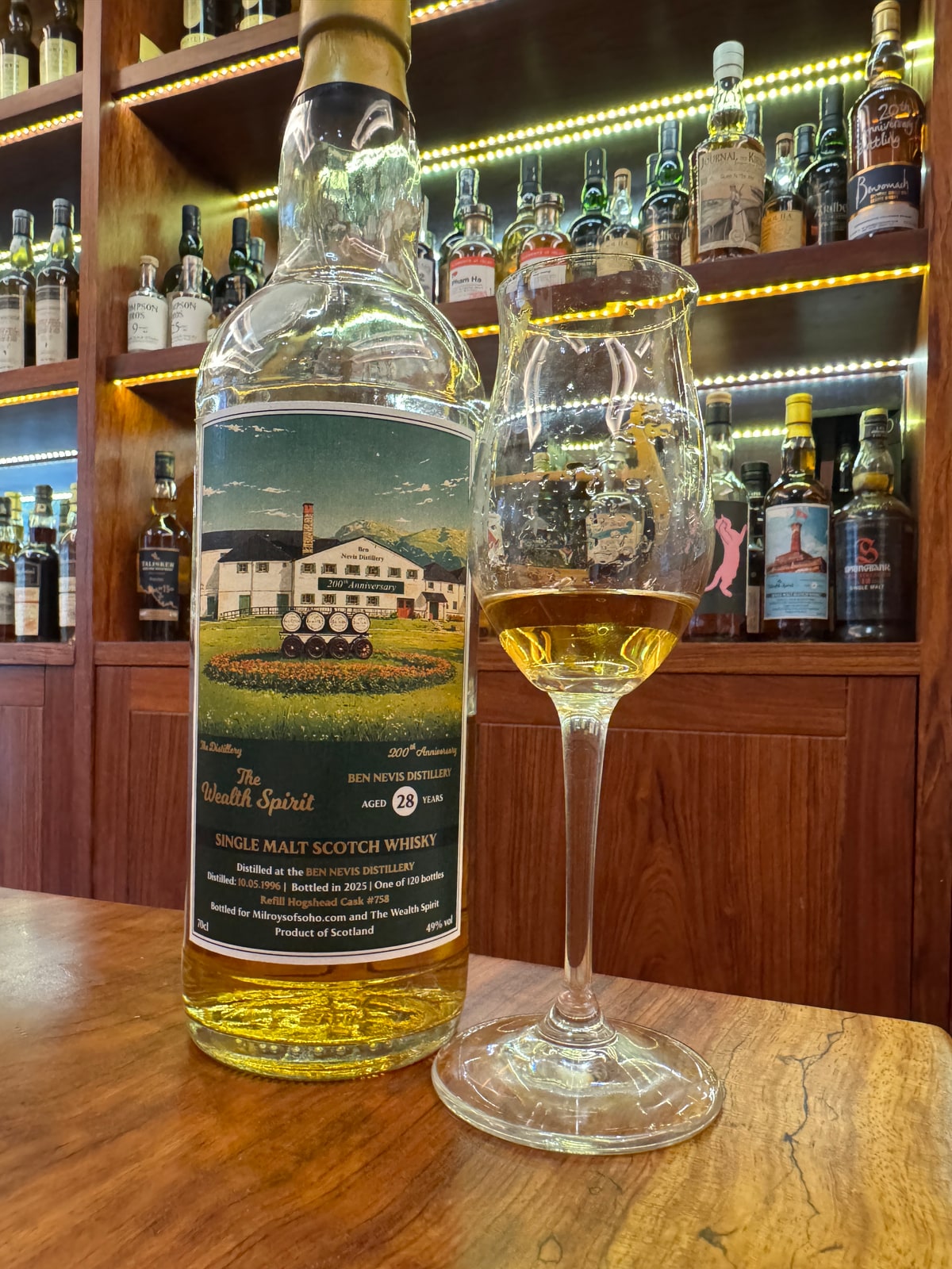 Milroy's of Soho & The Wealth Spirit Ben Nevis 1996 2025 28 Years Old 49% Cask 758 — bottle label