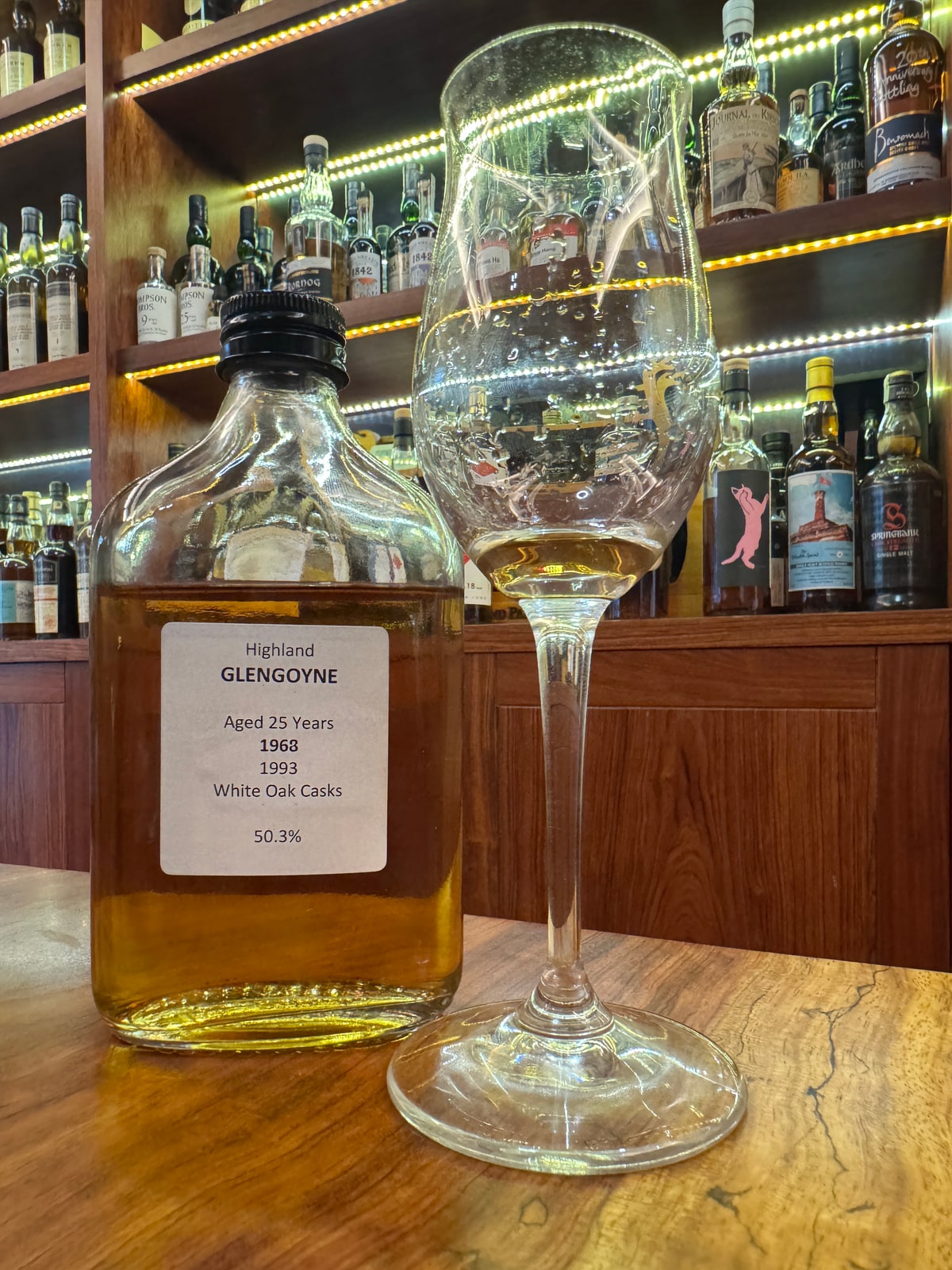 Illustrative image · Illustrative sample labelled Glengoyne White Oak 1968/1993, 50.3%; factory bottle and liquid identity unverified. Client photo.