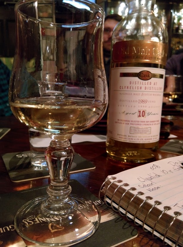 Illustrative image · Illustrative Internet photo: Douglas Laing Old Malt Cask Clynelish 1989/1999, 10 years, 50%; Malt Runners. Different from the reviewed 17-year c2457; bottle top cut off, glass/notebook retained.