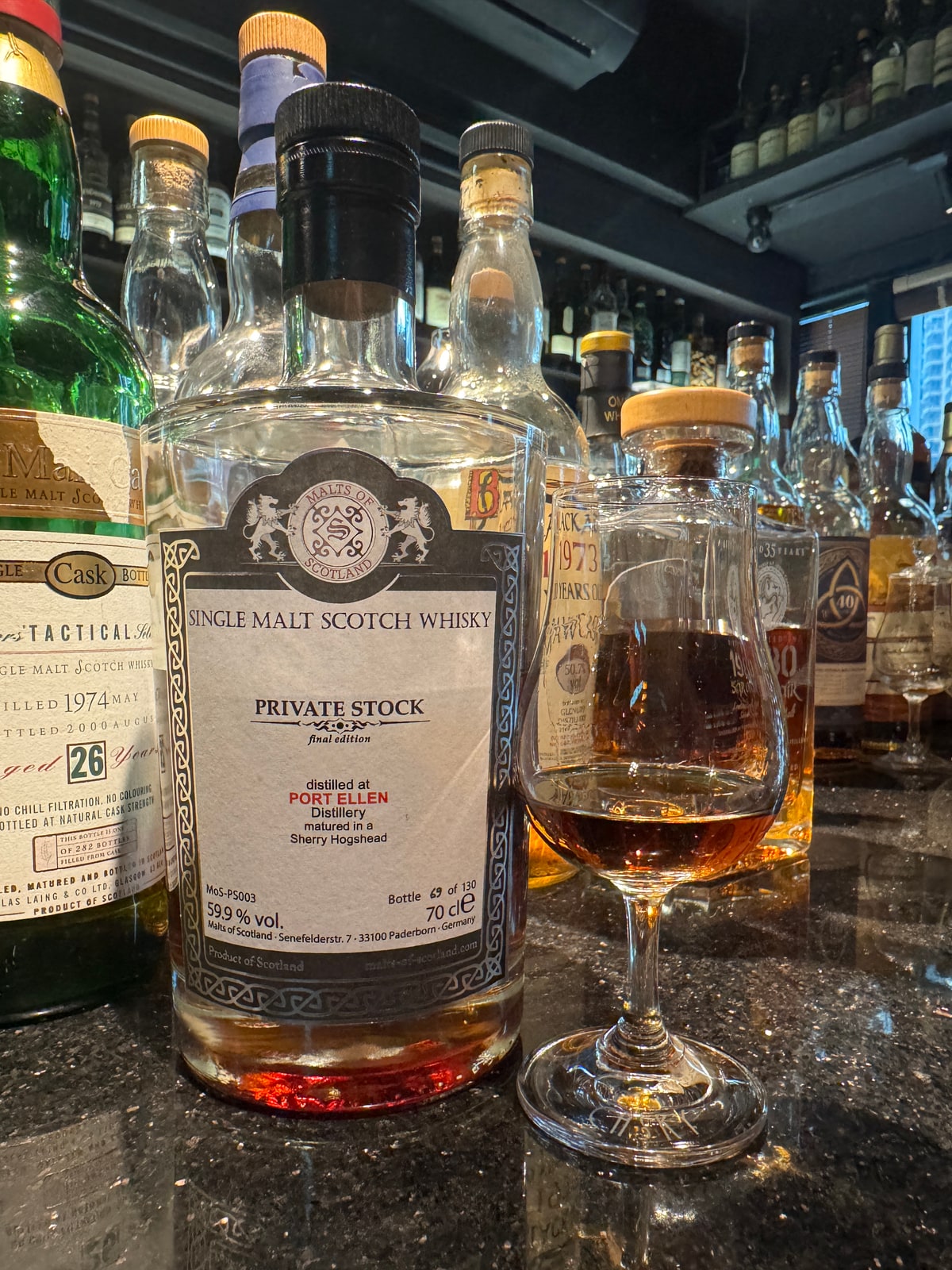 Illustrative image · Illustrative client photo: Malts of Scotland Private Stock Port Ellen, 59.9%, cask MoS-PS003; vintage not printed.