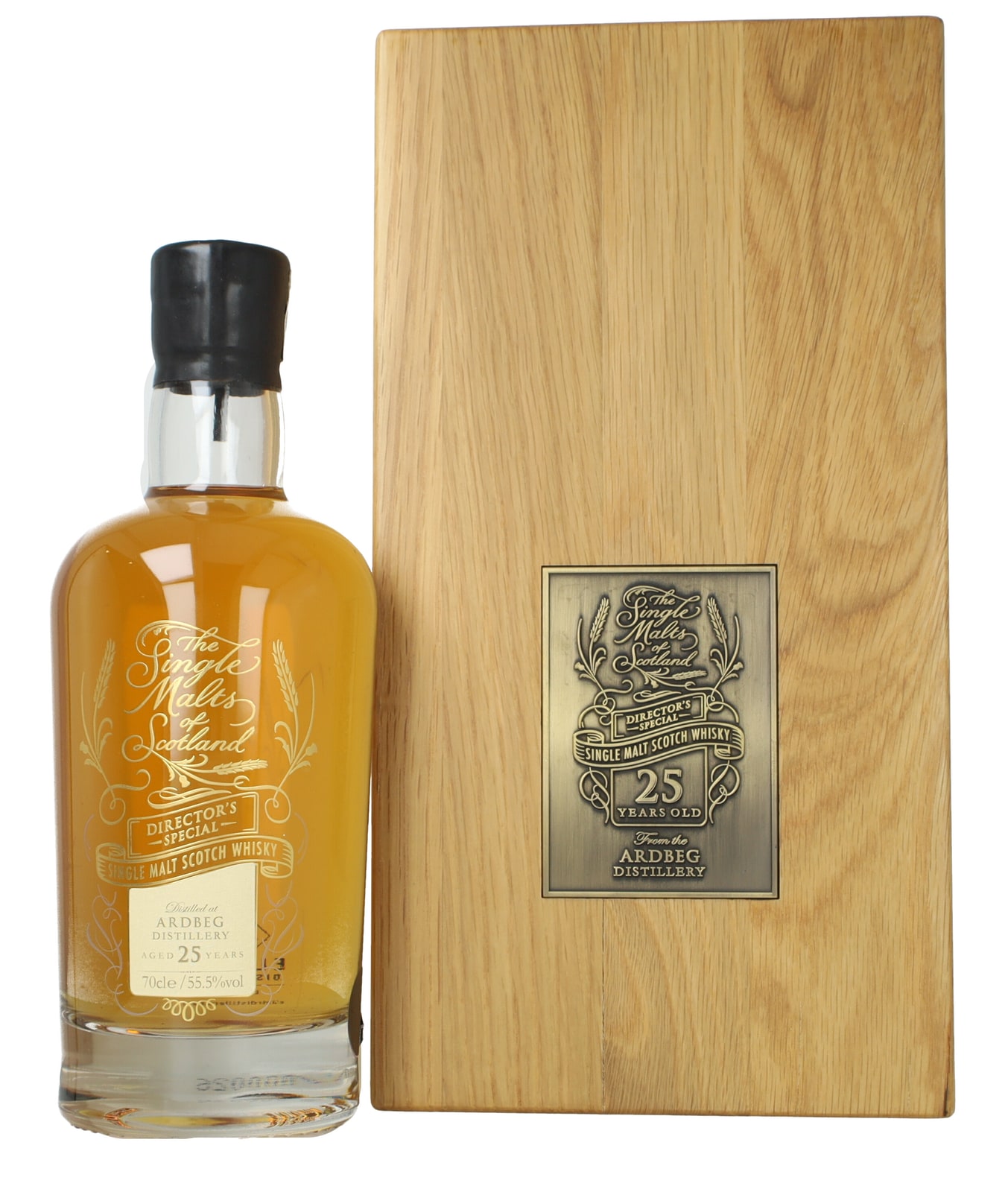 Whisky Antique photo: The Single Malts of Scotland Director’s Special Ardbeg, 25 years, 55.5%, bottle and wooden box. The retailer and Whiskyfun identify the 2019 release; 2019 is not visible on the front.