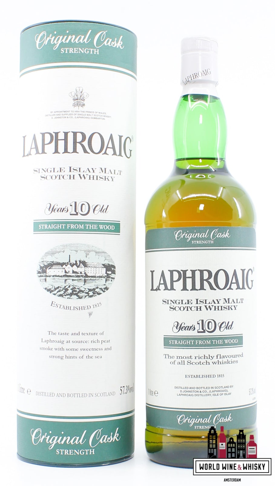 Illustrative image · Illustrative Internet photo: Laphroaig 10 Original Cask Strength, 57.3%, 1 litre; World Wine & Whisky. Different size from reviewed 33cl; year catalogue-only, publisher watermark retained.