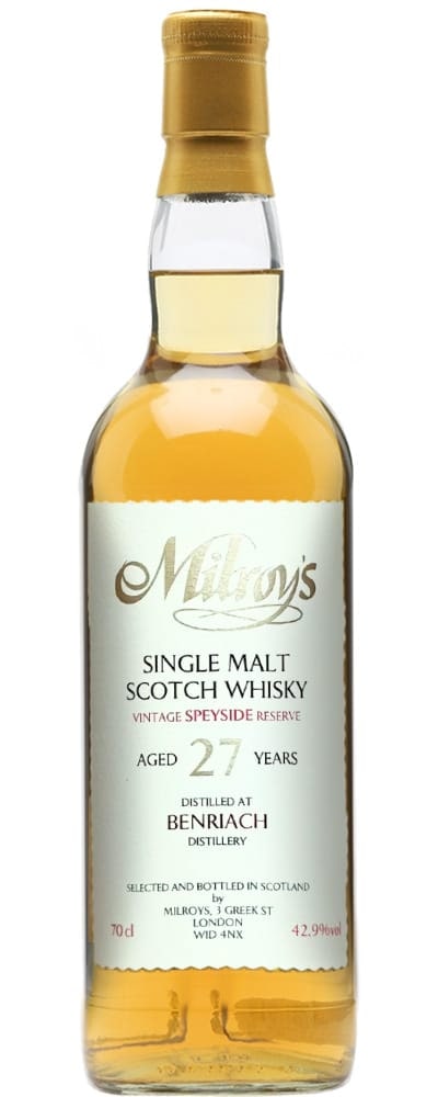 Internet reference: Milroy’s Benriach, 27 years, 42.9%. Source: WhiskyNotes. The review identifies 1996/2023 and cask 43214; these are not visible on the front label.