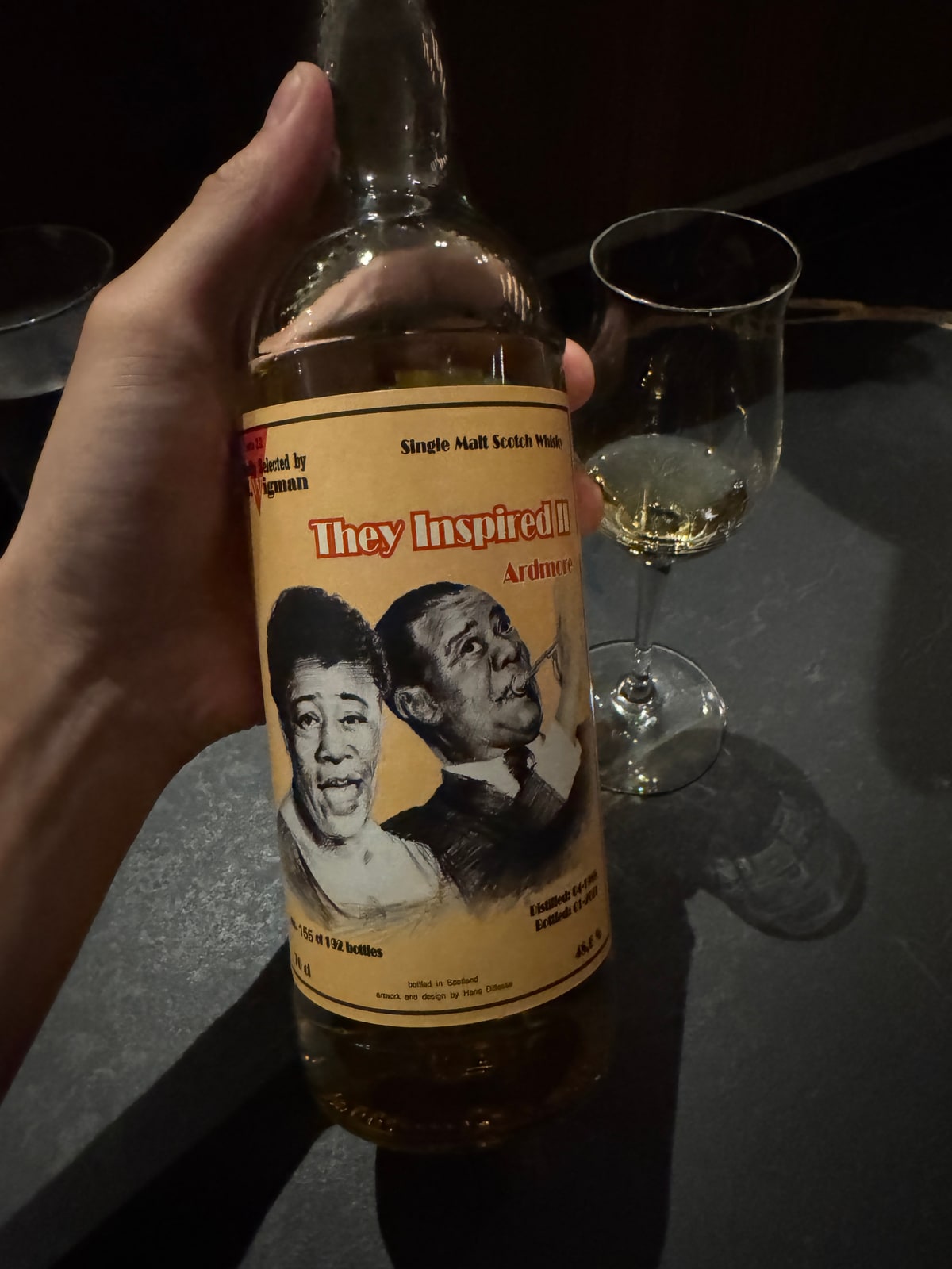 Illustrative image · Illustrative client photo: Wigman They Inspired II Ardmore, bottled Jan 2021, 48.6%; vintage and age unreadable.