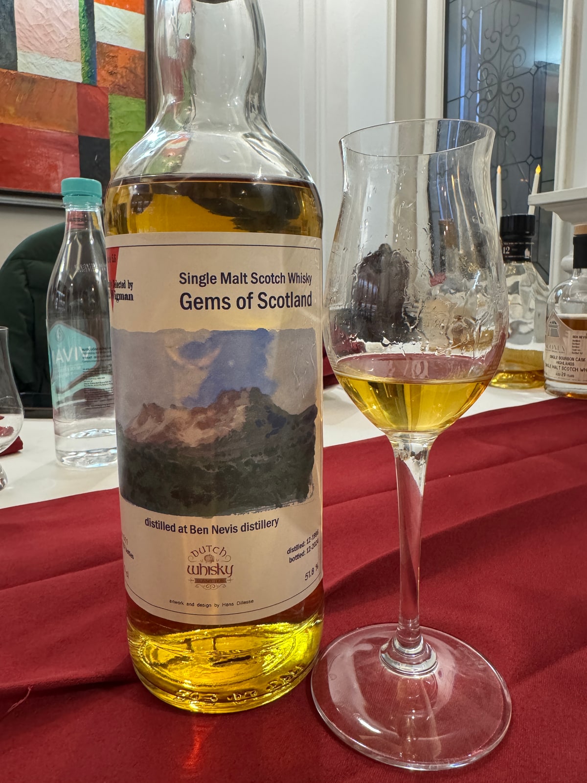 Illustrative image · Illustrative client photo: Wigman Gems of Scotland Ben Nevis, label dated 1995/2024, 51.8%, with glass. Different vintage from the reviewed 1996; original scene and bottle-top cutoff retained.