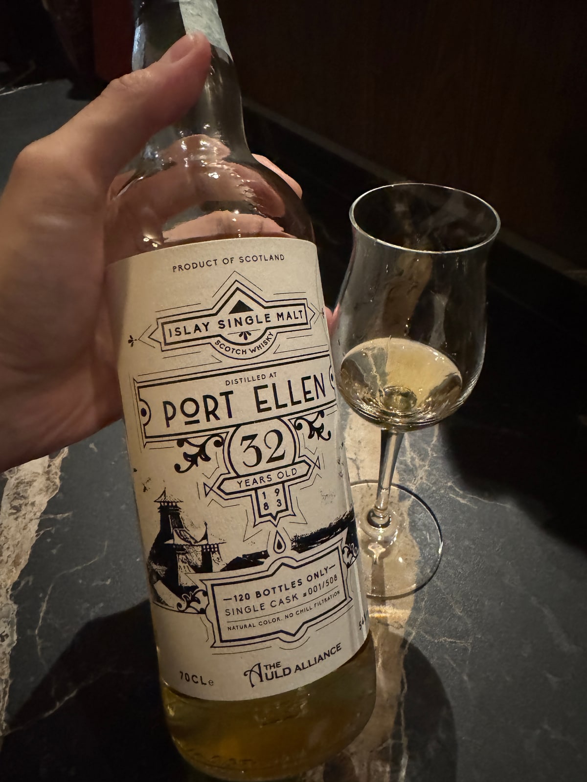 Illustrative image · Illustrative client photo: Auld Alliance Port Ellen 1983, 32y, cask 001/508; strength unreadable.
