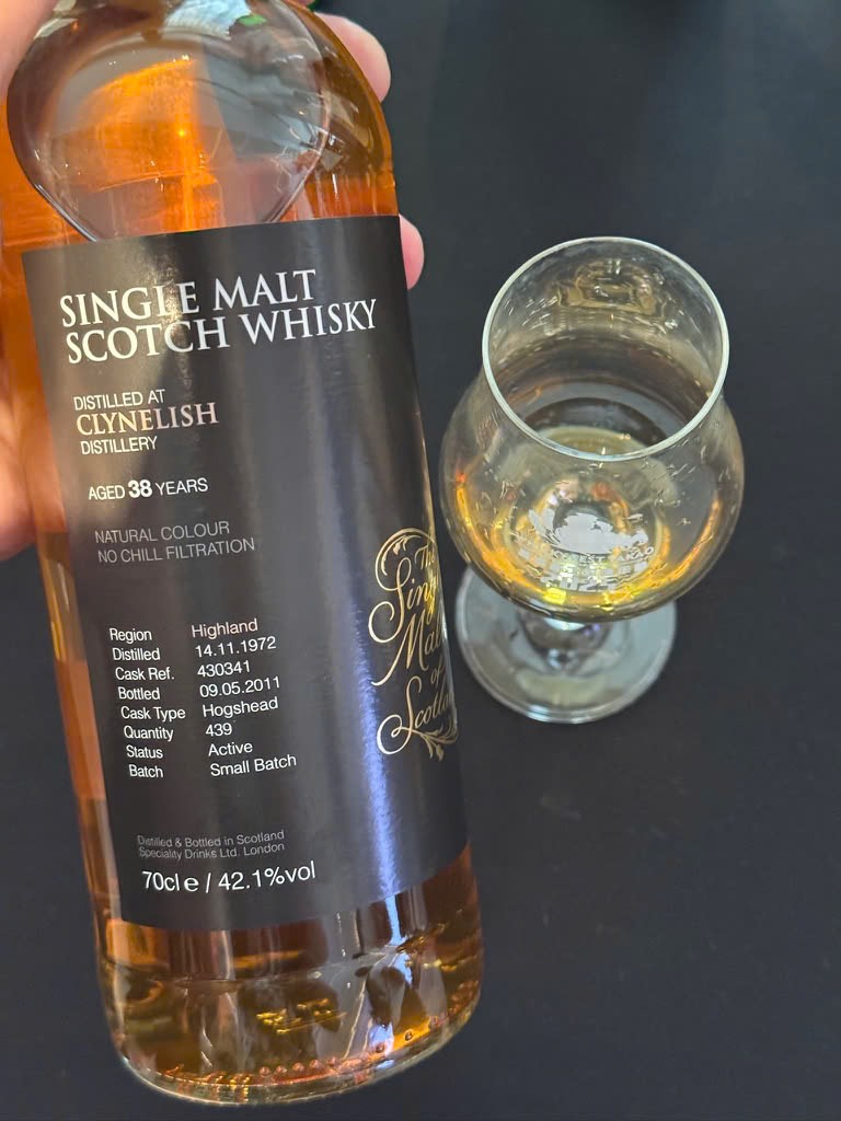 Client photo: Single Malts of Scotland Clynelish 1972, 38 years; bottle view. Handheld or close view; bottle top may be outside the frame.