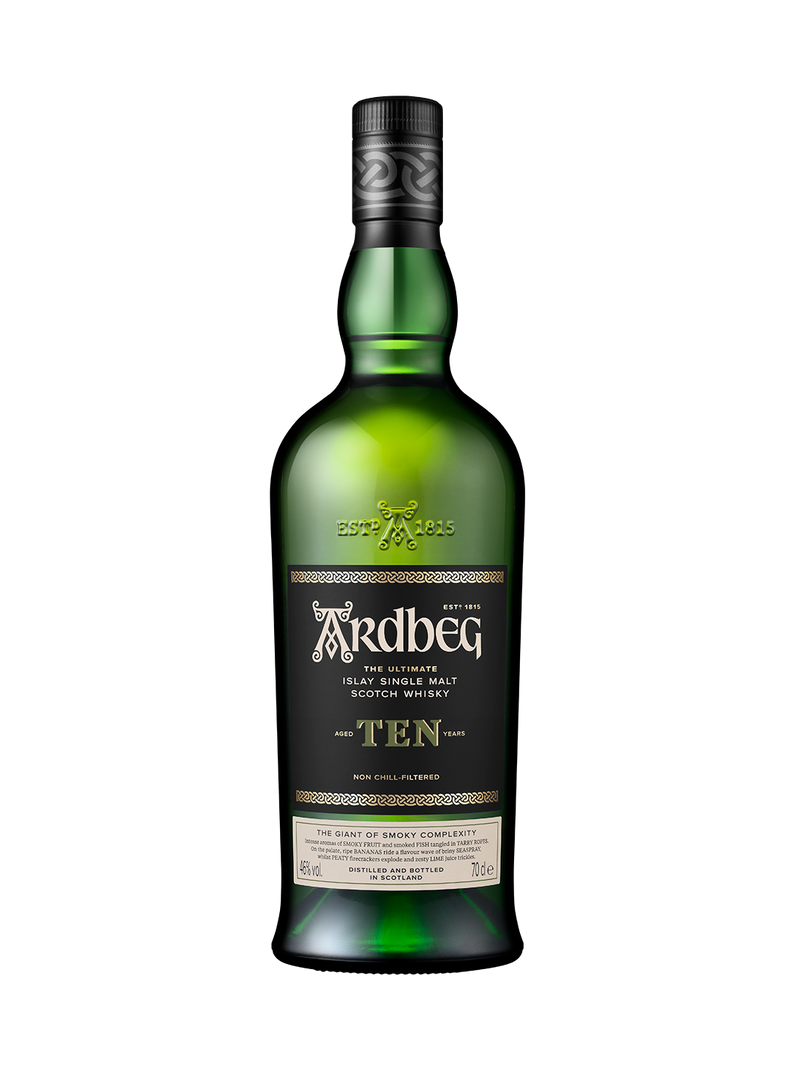 Illustrative image · Representative Ardbeg Ten Years Old producer image, 10 years/46%, whole bottle frame. Exact bottling date of reviewed “Ardbeg 10 80$” is unrecorded. Source: Ardbeg.