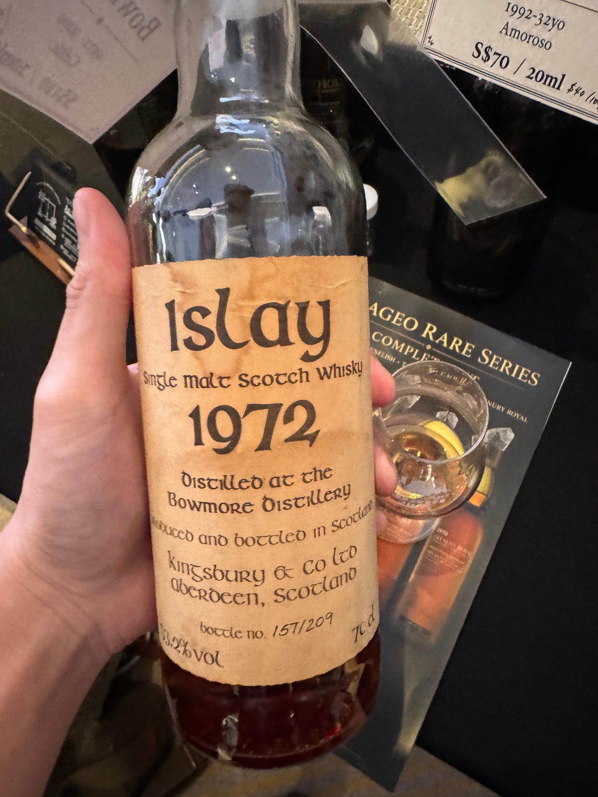 Illustrative image · Client photo: Kingsbury Bowmore 1972. Illustrative; age 32 is not shown on the visible label. Bottle top cut off in the original.
