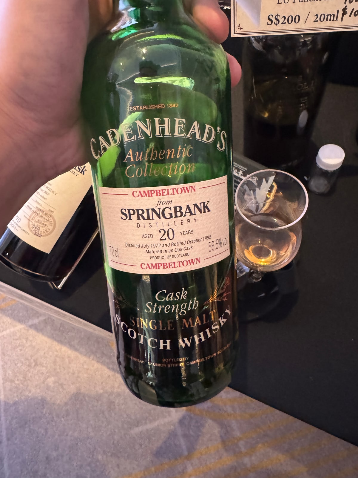 Illustrative image · Illustrative client photo: Cadenhead Authentic Collection Springbank 1972/1992, 20y, 56.5%; anniversary edition unverified.