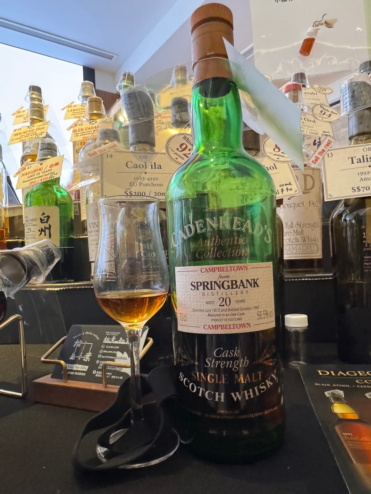 Foreground Cadenhead Authentic Collection Springbank 1972/1992, supplied bottle photograph
