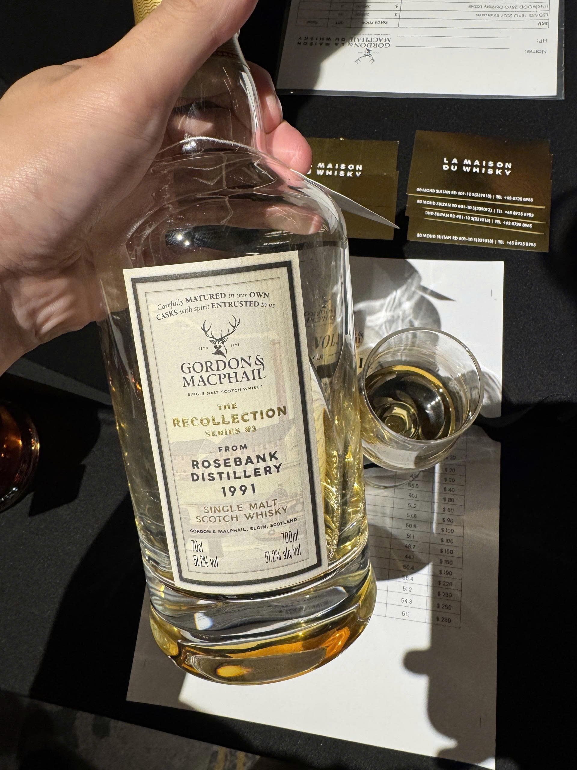Client photo: Gordon & Macphail Recollection Rosebank 1991; bottle view. Handheld or close view; bottle top may be outside the frame.