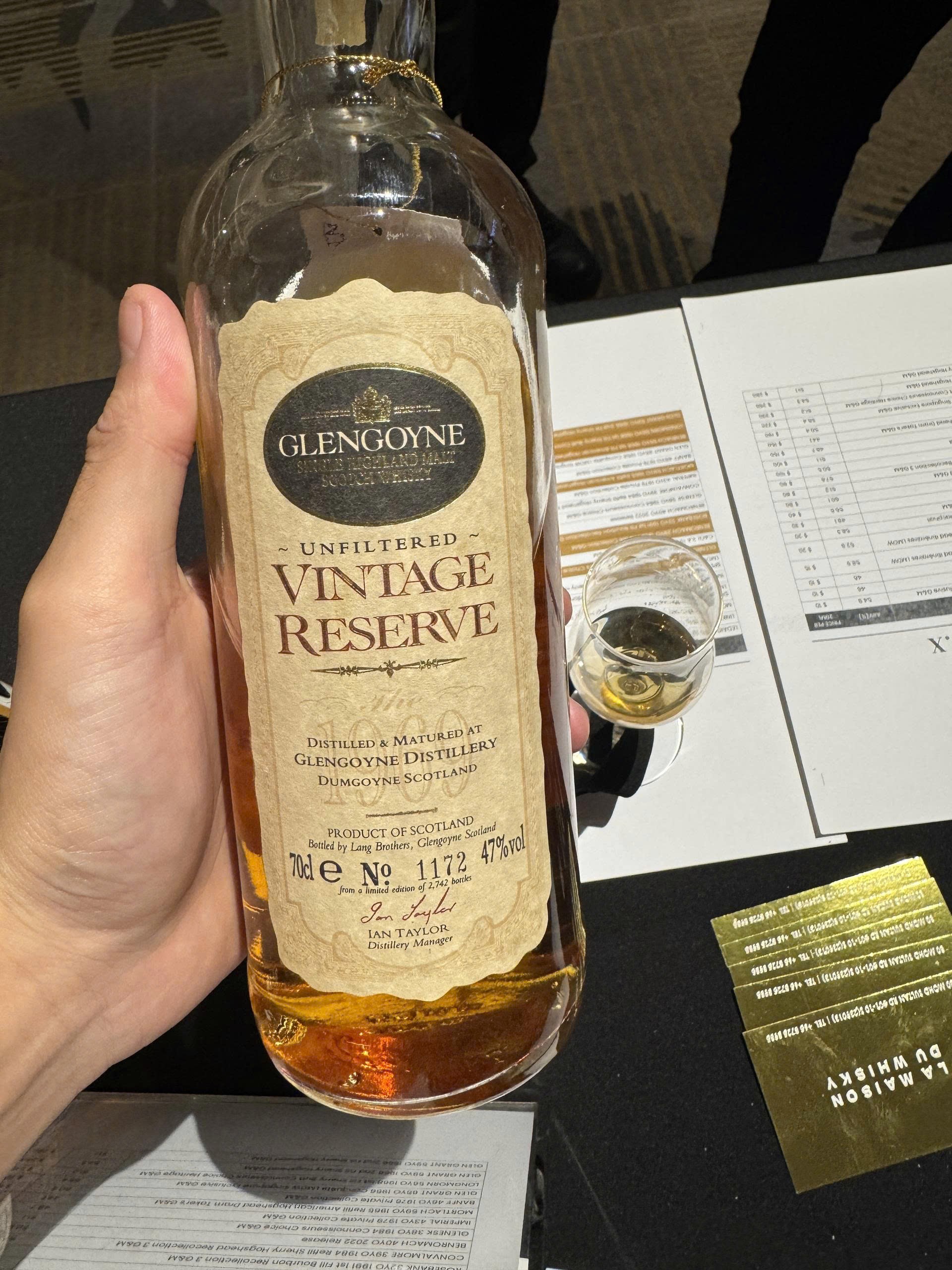 Client photo: Glengoyne Vintage Reserve, 47%; bottle view. Handheld or close view; bottle top may be outside the frame.