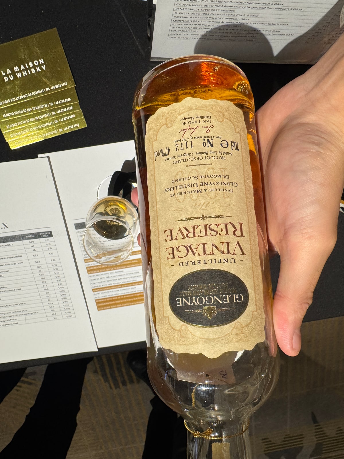 Illustrative image · Illustrative client photo: Glengoyne Vintage Reserve by Lang Brothers, 47%; faint years and age unverified.
