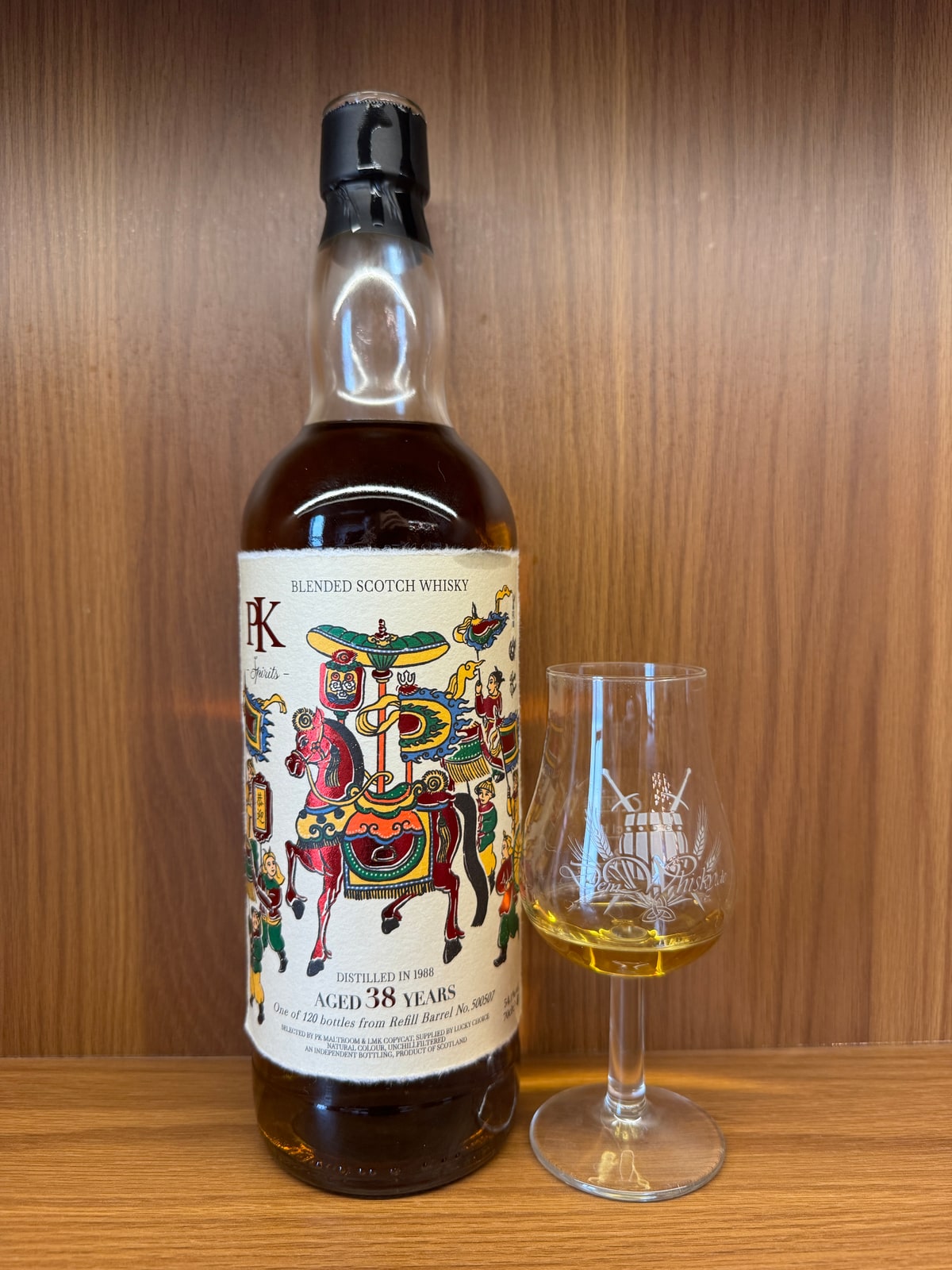 Illustrative image · Client photo: PK Spirits 38-year, cask 500507. Illustrative; the label says Blended Scotch Whisky, while the review says Blended Malt.