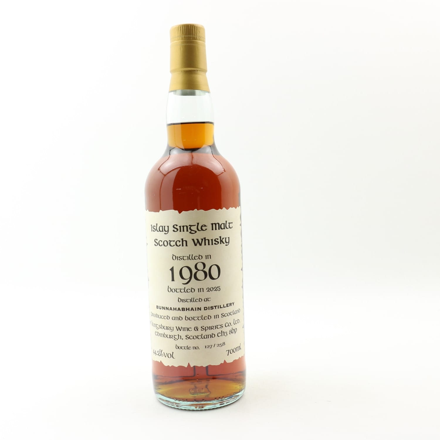 Kingsbury Bunnahabhain 1980/2025, 44.2%; 45 years/cask 3468 from catalogue. Photo: Scotch Whisky Auctions; photographer uncredited.