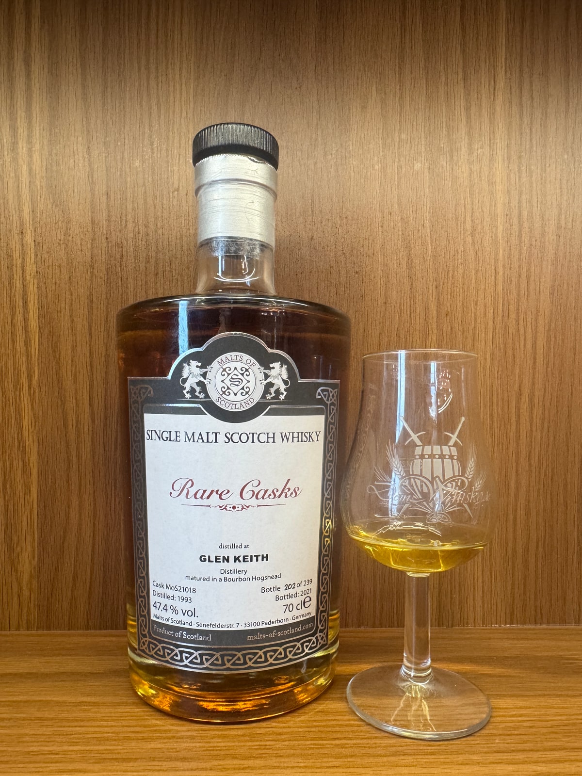 Malts of Scotland Glen Keith 1993 2021 47,4% Cask MoS 21018 — bottle label