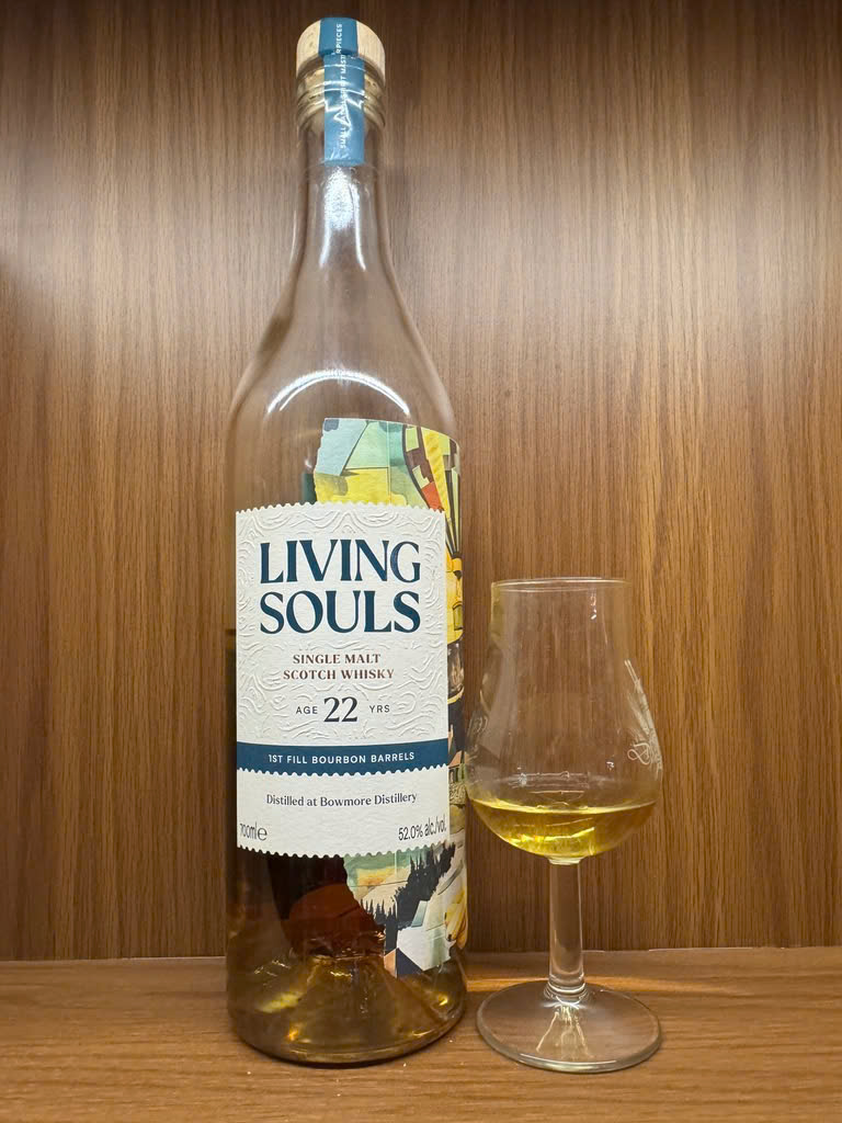 Client photo: Living Souls Bowmore 22, 52%, with glass.