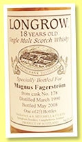WhiskyFun reference: small Longrow label for the catalogued 1990/2008, 18-year, 54.1%, cask 178 Magnus Fagerström edition; tiny details.