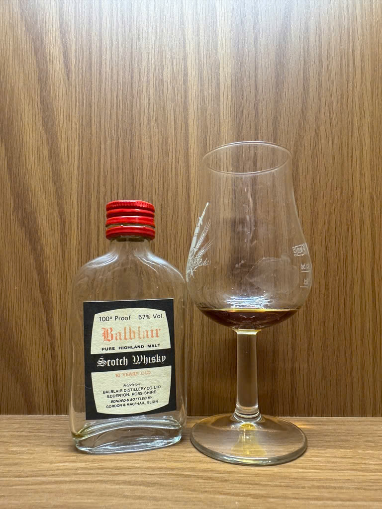 Client photo: Gordon & MacPhail Balblair 10, 57% (100 Proof), with glass; the reviewed 1975 year is not printed on the visible label.