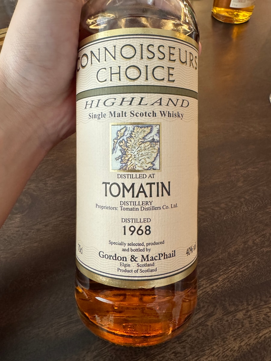 Illustrative image · Illustrative — Client photo: G&M Tomatin 1968/40%; label close-up, 1998 is not visible.