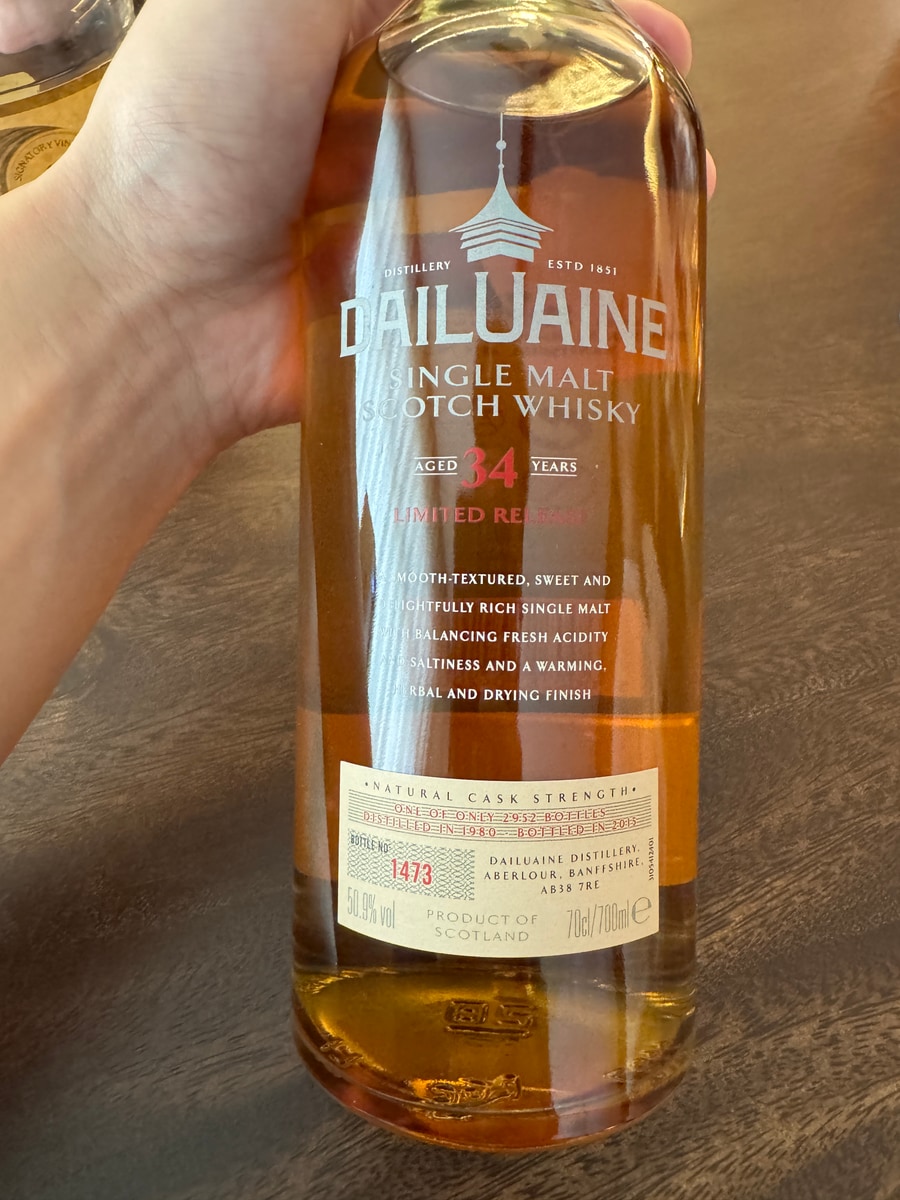 Client photo: Dailuaine 34 years/50.9%; original label close-up.