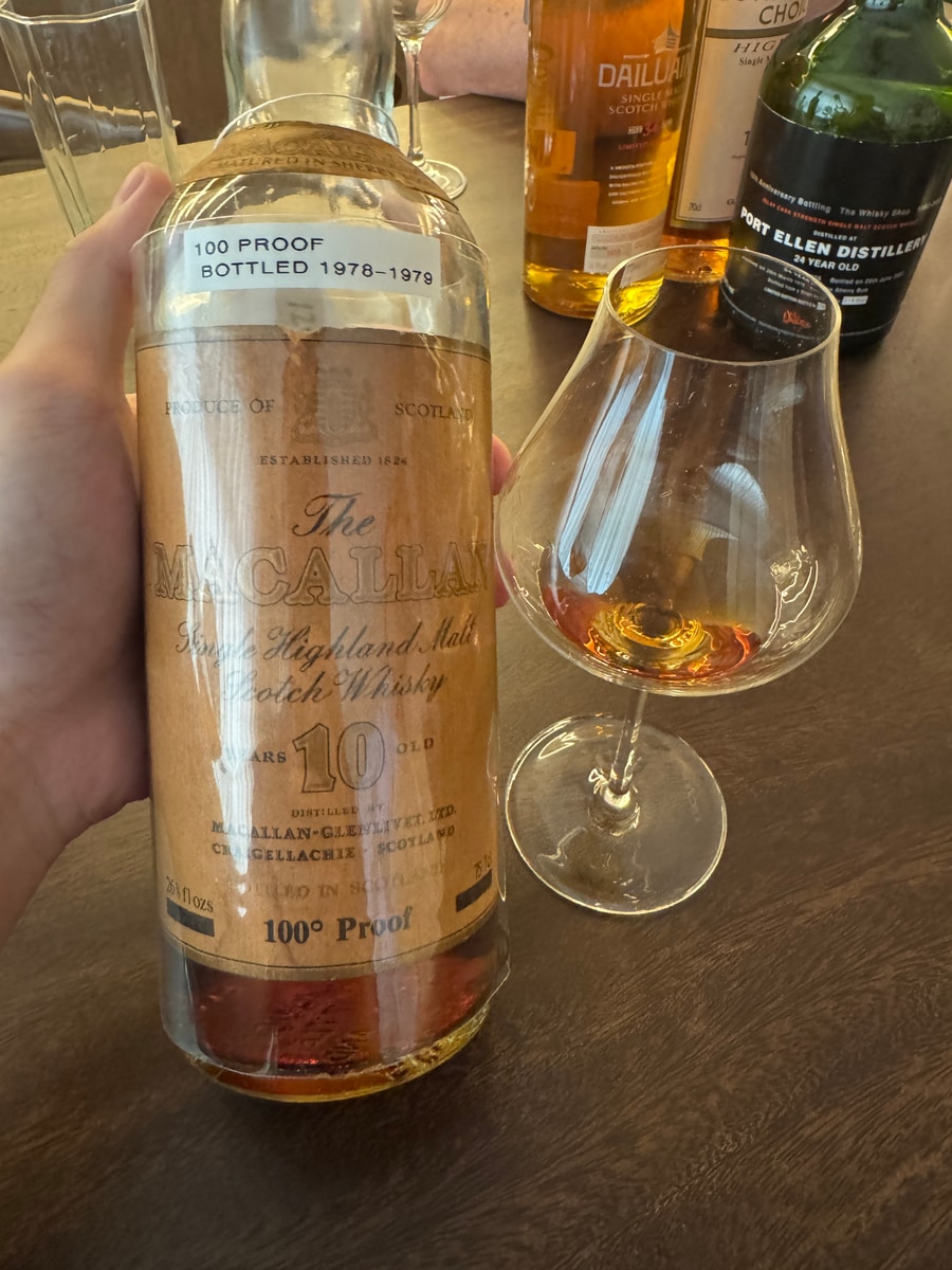 Illustrative image · Illustrative — Client photo: Macallan 10/100 proof; label close-up, 1978–1979 on added paper strip.