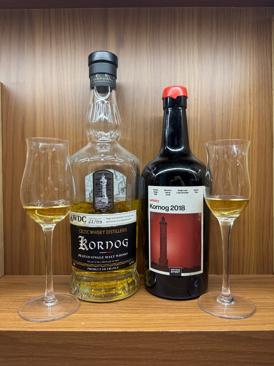 Illustrative image · Illustrative — Client photo: RIGHT Amateur Spirit Kornog 2018/58.4%; 2026 not visible. Left bottle excluded.