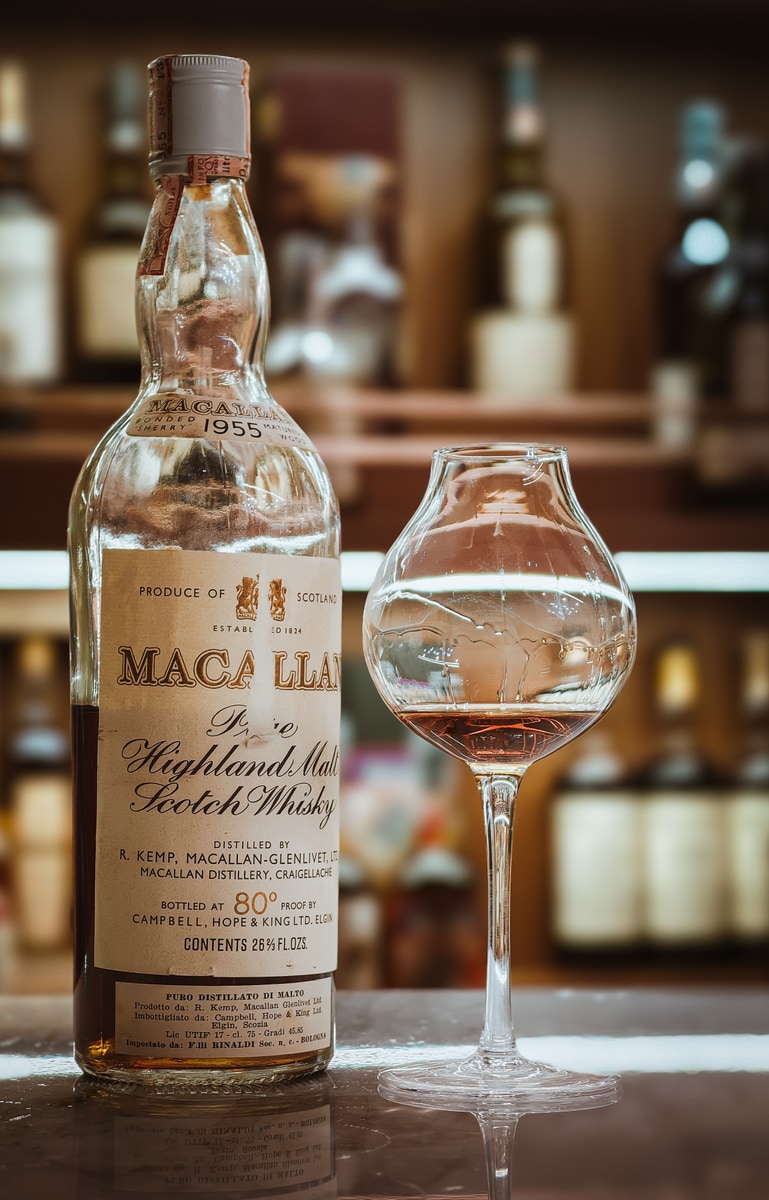 Illustrative image · Illustrative — Client photo: Macallan 1955 Rinaldi, 80 proof; age 15 is not visible.
