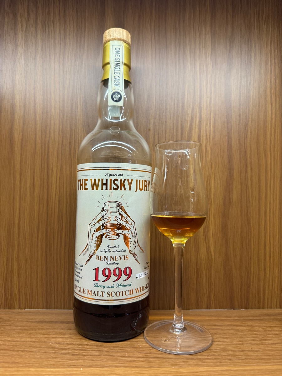 Illustrative image · Illustrative — Client photo: Whisky Jury Ben Nevis 1999, 27, bottled 2026; ABV not clearly visible.