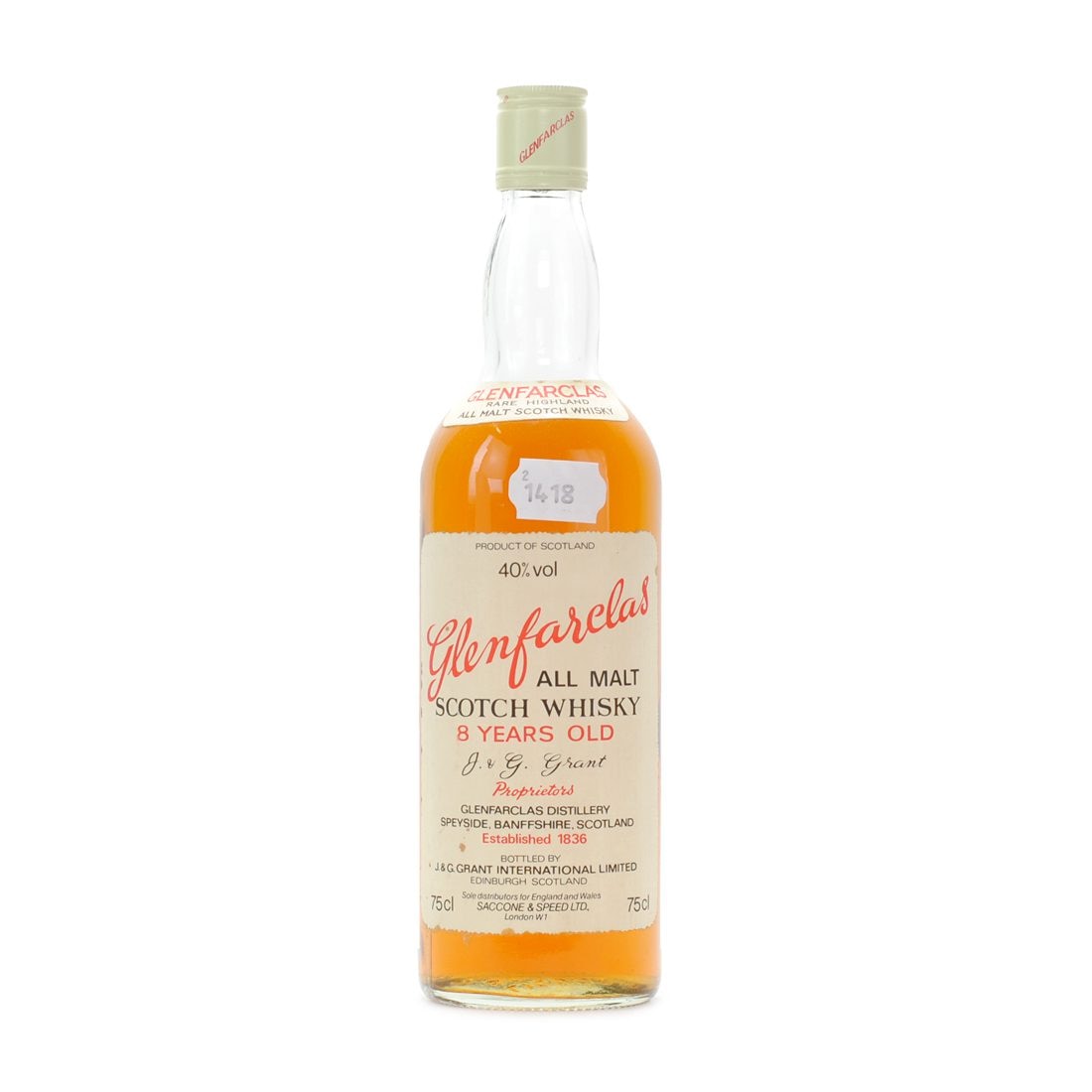 Illustrative image · Illustrative — Nickolls & Perks: Glenfarclas 8/40%; 1980s is catalogue dating, not printed.