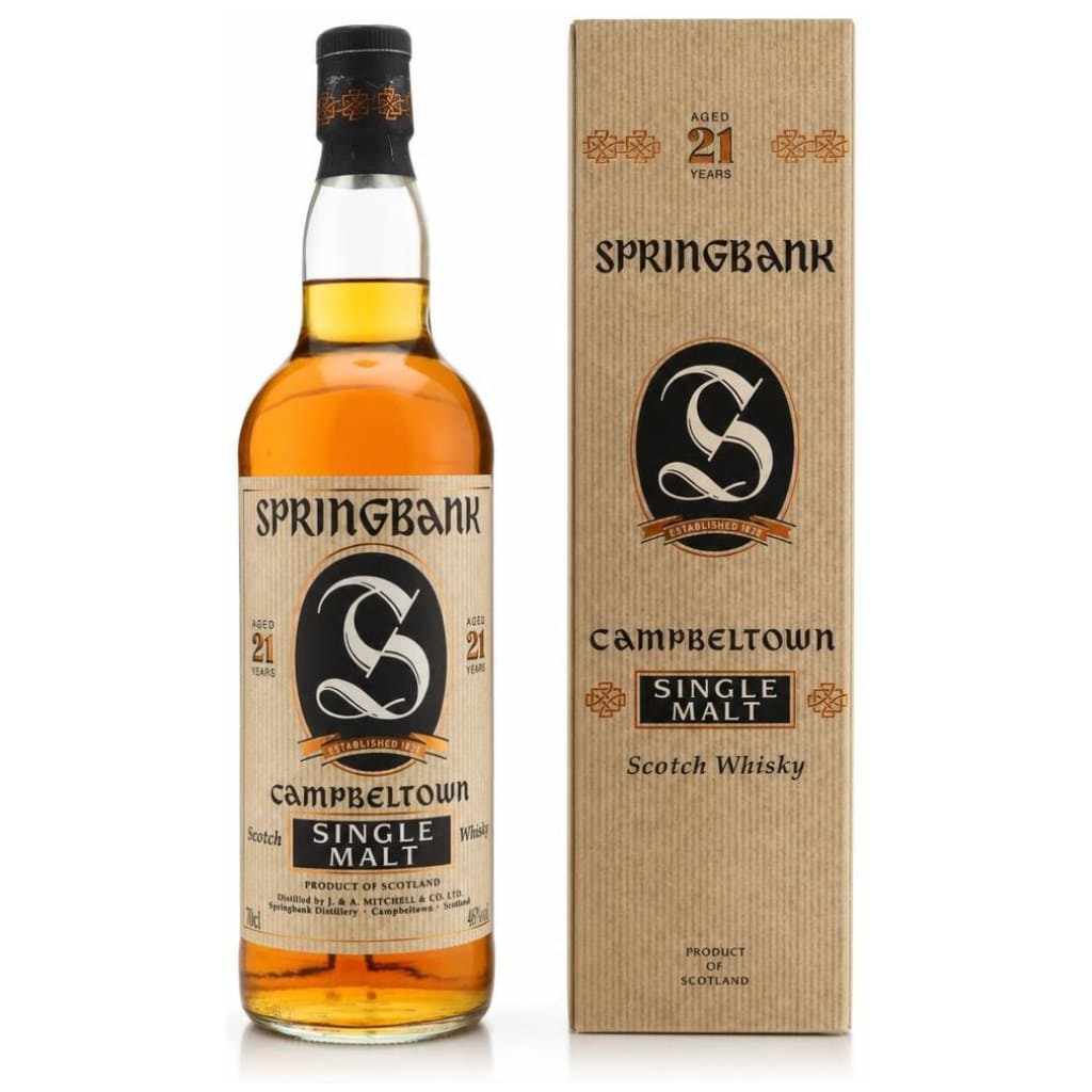 Illustrative image · Illustrative — Simple Sample: Springbank 21 bottle and box; code 01/54/07/03/01 is not visible.