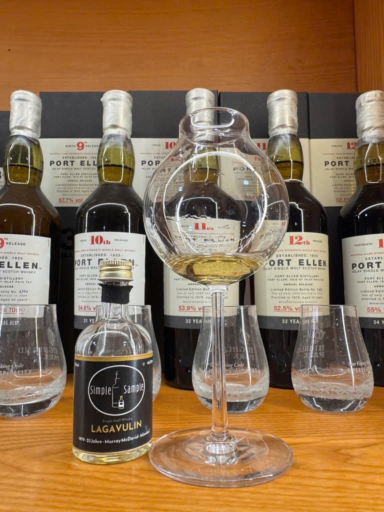 Client photo: Murray McDavid Lagavulin tasting sample; tasting sample and glass.