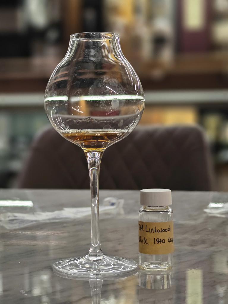 Client photo: tasting sample labelled GM Linkwood 1970 beside a tulip nosing glass.
