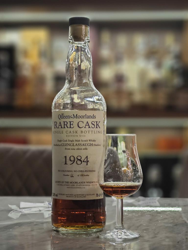 Client photo: Queen of the Moorlands Rare Cask Glenglassaugh 1984 single cask bottle with a tasting glass.