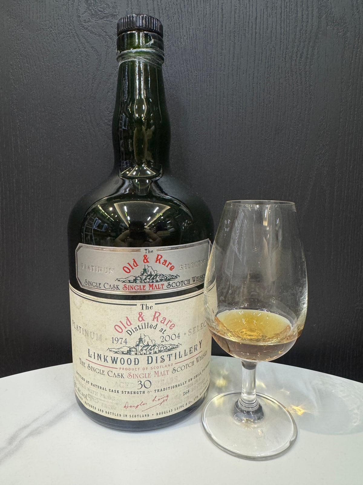 Client-supplied Douglas Laing Old & Rare Linkwood 1974/2004, 30 years; faded 43.6% strength corroborated by the exact retailer listing.