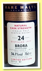 Internet label photo: Rare Malts Brora 1977/2001, 24 years, 56.1%. Image credit: Whiskyfun. 2001 identified by the source review; original low-resolution frame.